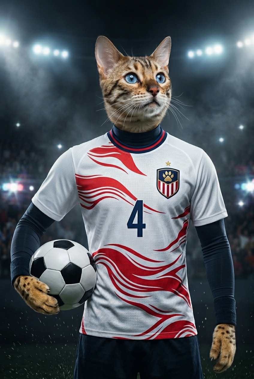 A Bengal cat wearing a white and red soccer jersey, holding a black and white ball under bright stadium lights.