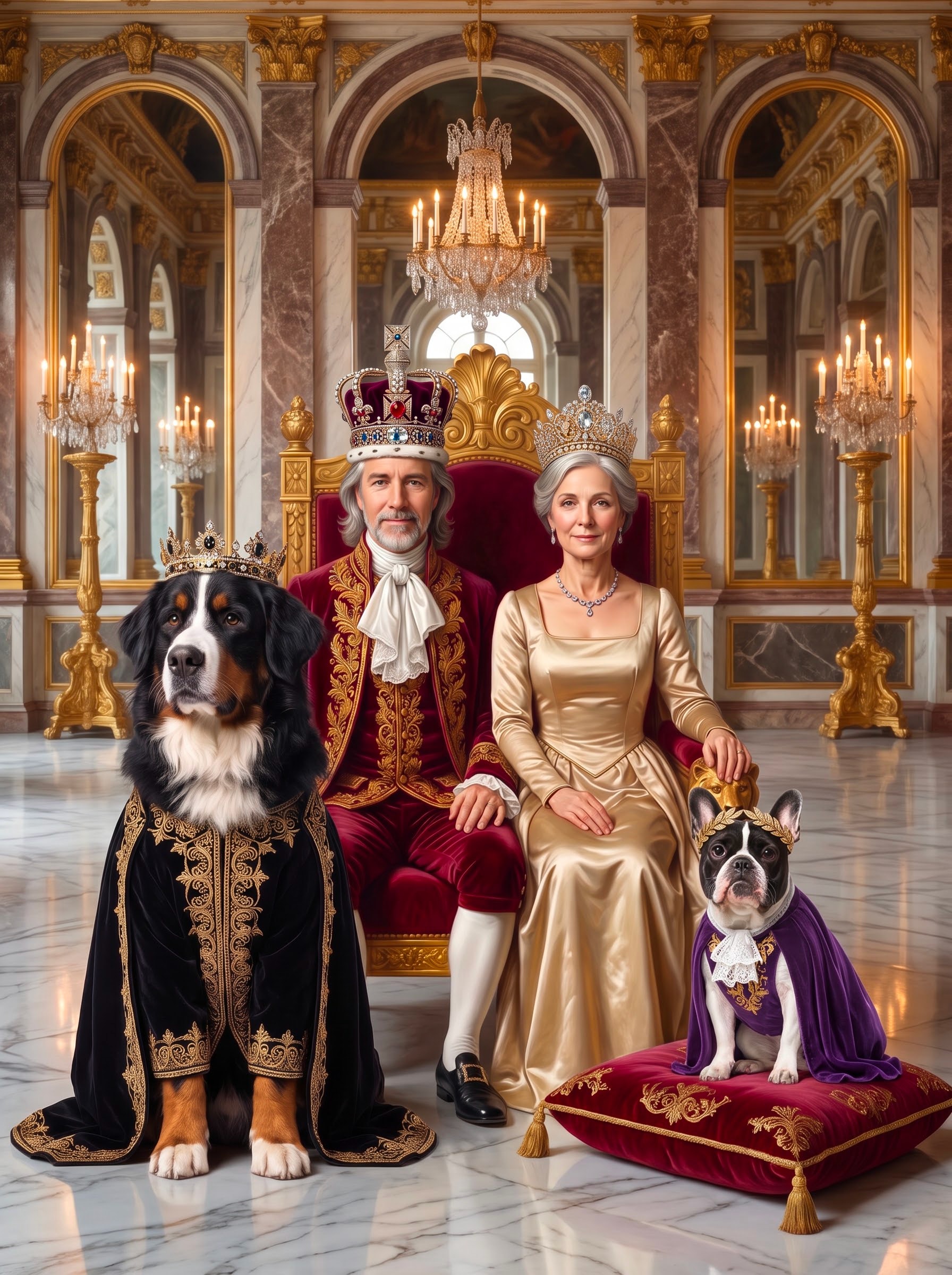 A Bernese Mountain Dog and a French Bulldog join their human companions in an opulent palace throne room dressed in velvet royal monarch attire.