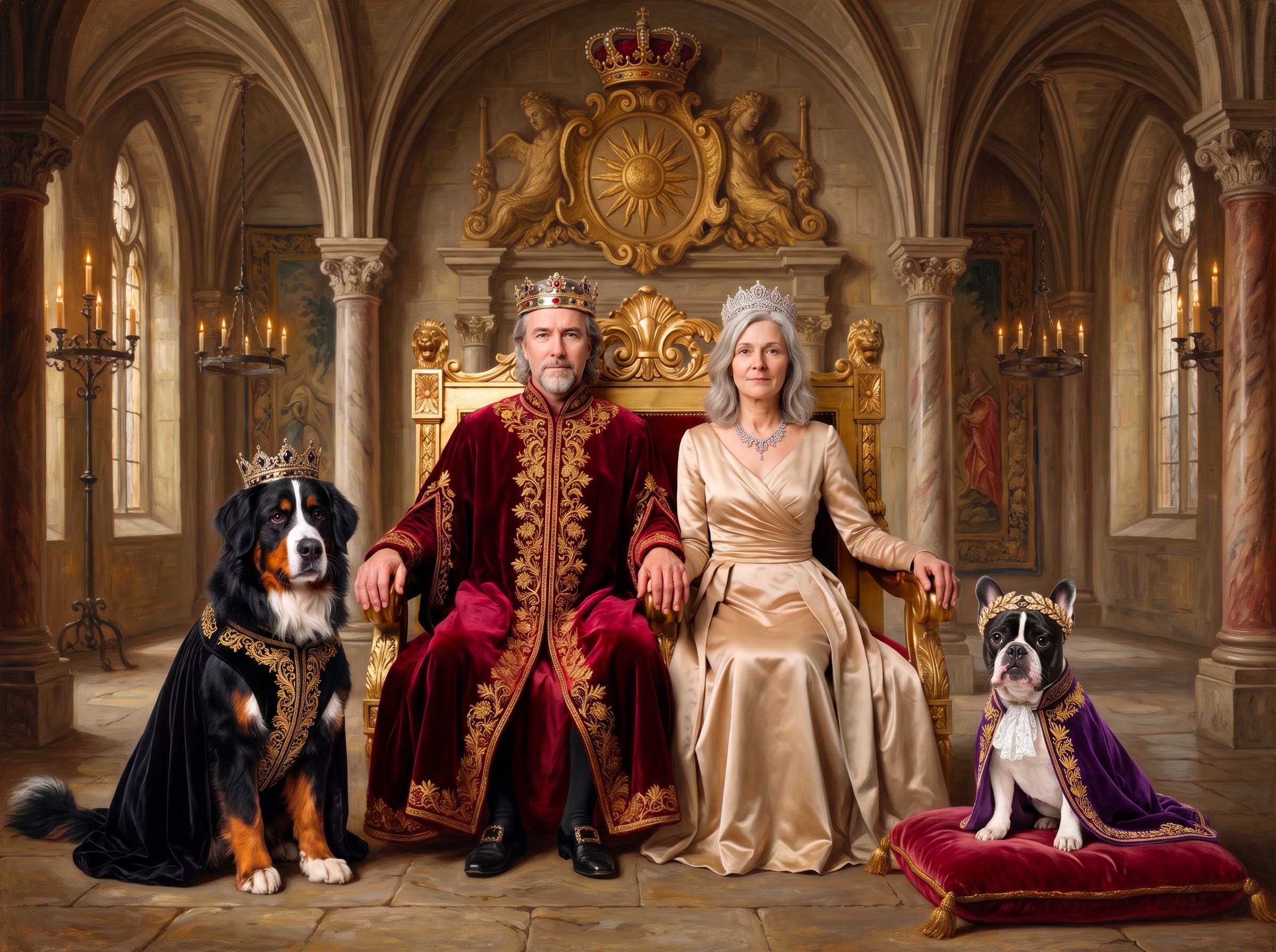A Bernese Mountain Dog and a French Bulldog adorned in regal crowns and capes sit beside their enthroned human companions in a majestic gilded hall.