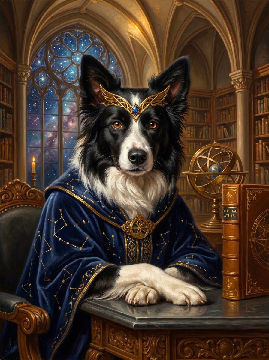 Border Collie dressed as a celestial magus in a constellation robe and golden diadem, seated in an ornate gothic library beside an armillary sphere.