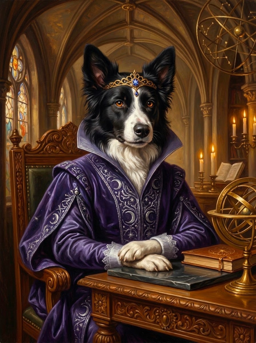 Border Collie portrayed as The Celestial Magus in embroidered purple velvet robes, wearing a jeweled diadem inside a candlelit gothic library.