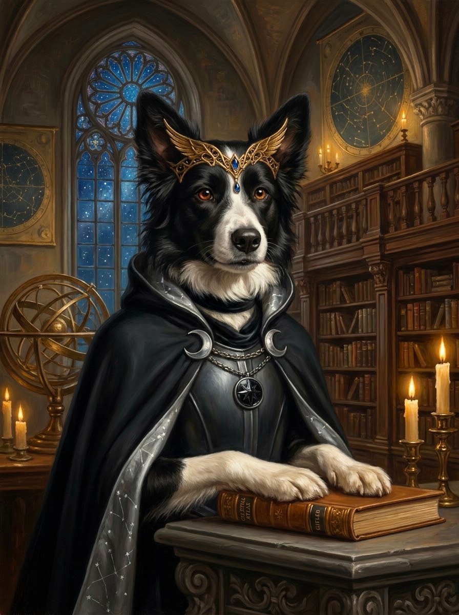 A noble Border Collie in a winged golden diadem and celestial hooded cloak, resting paws on an ancient tome in a starry, candlelit library.