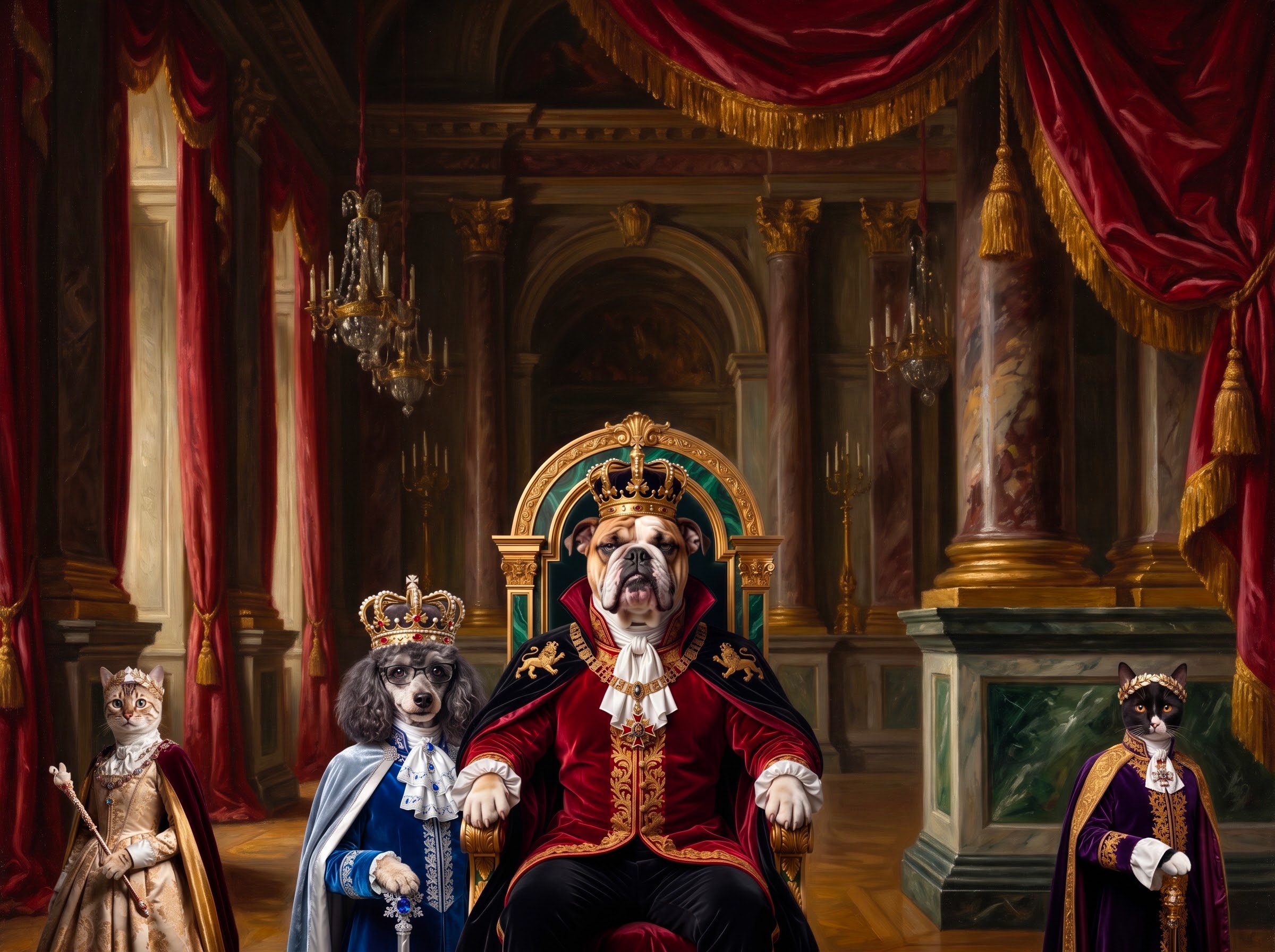 An English Bulldog king on a throne, flanked by a Poodle courtier, a crowned Snow Bengal cat, and a regal Domestic Shorthair cat in an opulent royal palace.