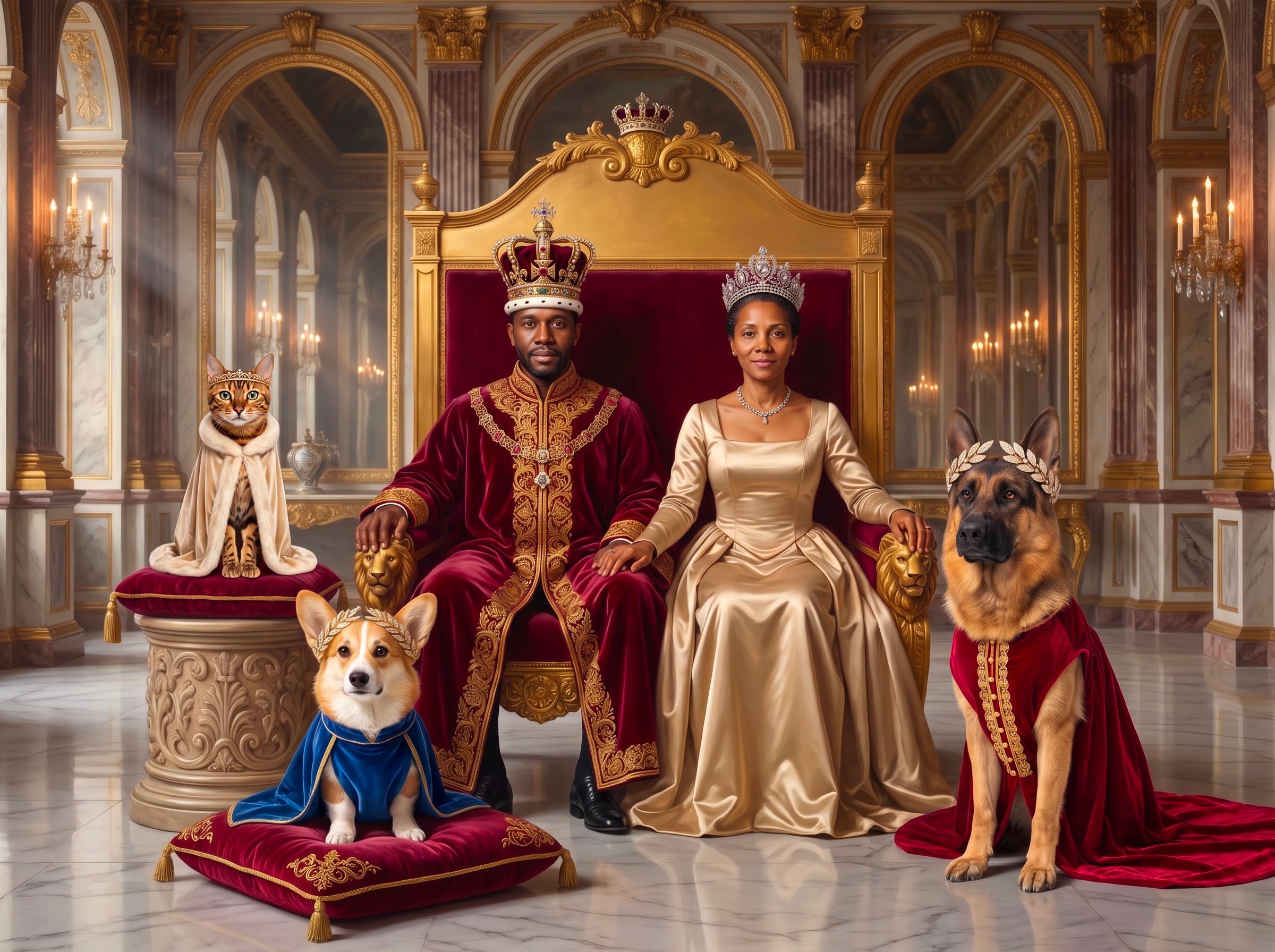 A Pembroke Welsh Corgi, German Shepherd, and Bengal cat sit in royal cloaks alongside their human companions on a golden throne in a regal palace.