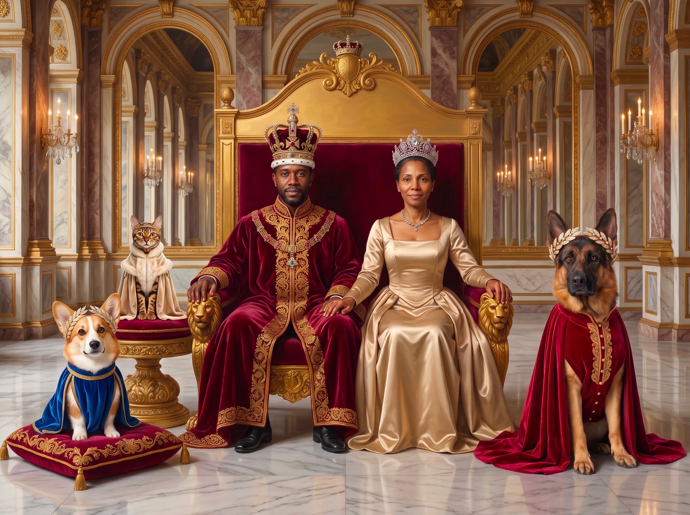 A Pembroke Welsh Corgi, German Shepherd, and Bengal cat in regal cloaks join their human companions in an ornate royal palace throne room.