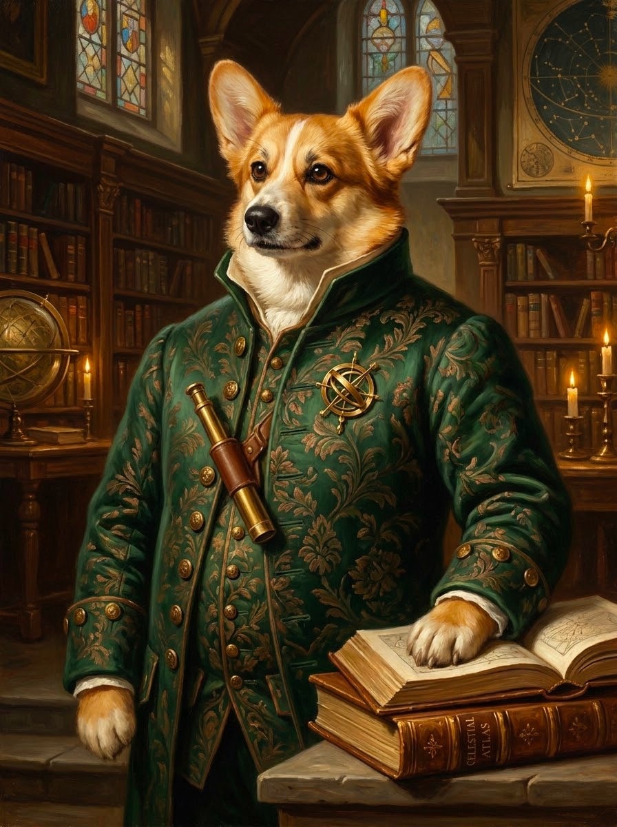 Regal Corgi dressed in ornate emerald celestial robes standing beside leather-bound star atlases in a candlelit Gothic observatory library.