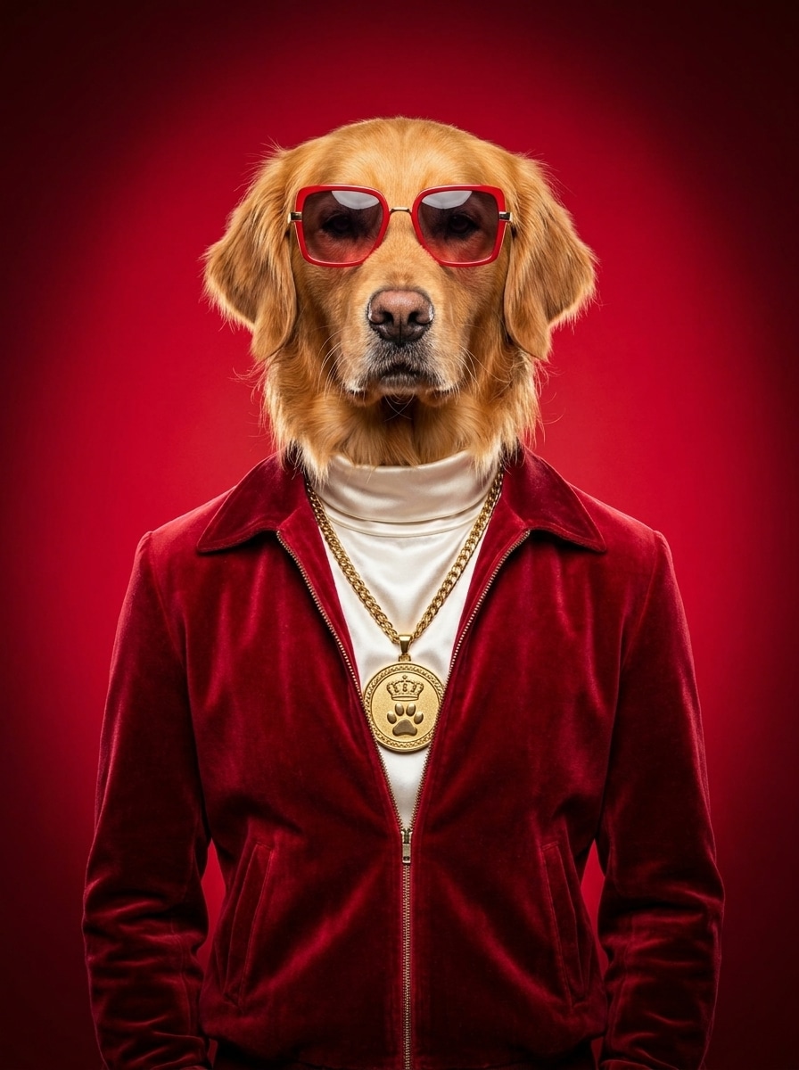 Golden Retriever wearing red-rimmed sunglasses, a red velvet tracksuit, and a gold paw medallion against a vibrant red background.