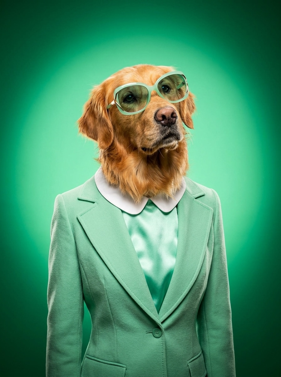 Golden Retriever wearing mint green retro glasses and a blazer with a white peter pan collar against a soft green background.