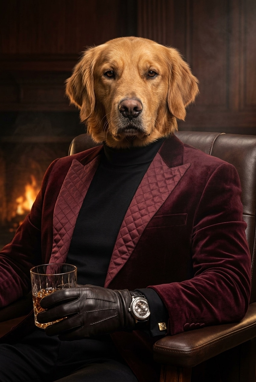 golden retriever wearing a burgundy velvet jacket and leather gloves, holding a glass of whiskey in a leather chair by a fireplace.