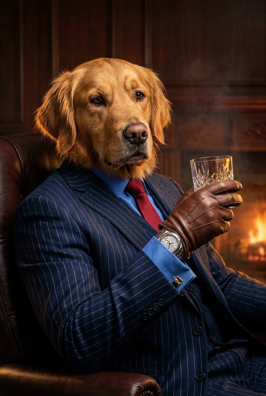 Golden retriever in a navy pinstripe suit and red tie, holding a crystal glass with a gloved hand, seated in a leather chair by a fireplace.