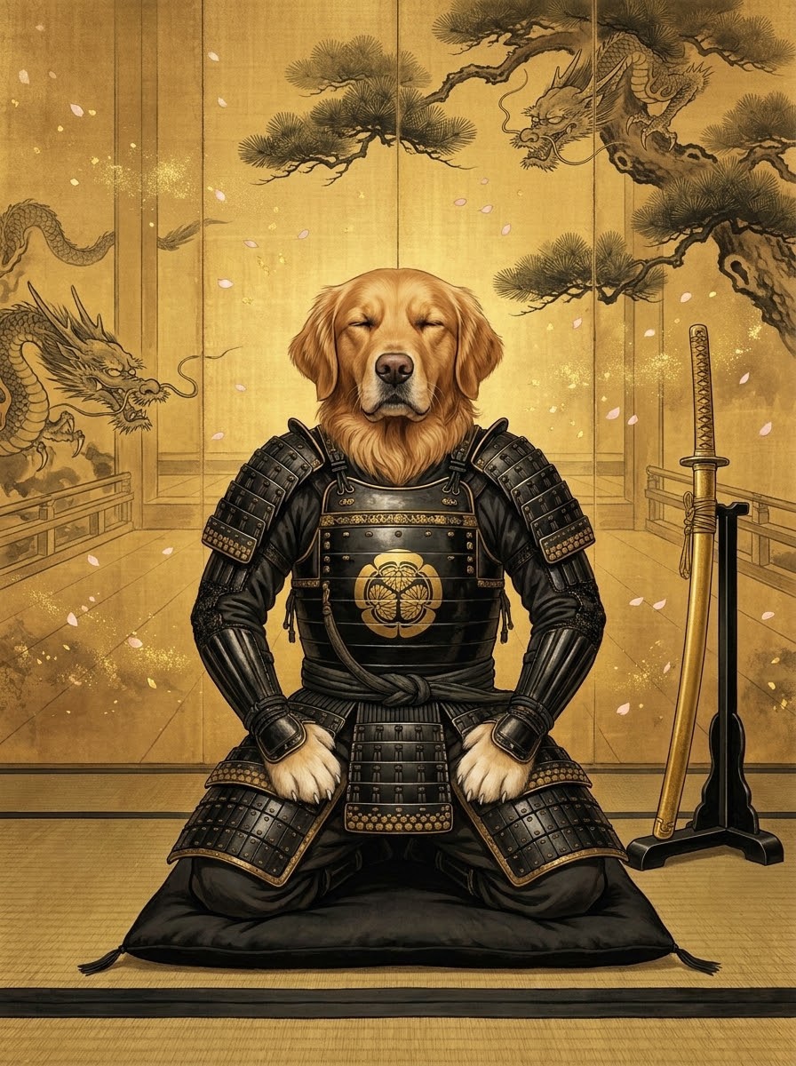 Golden Retriever in black samurai armor sitting in a zen pose with eyes closed, set against a gold screen with dragons and cherry blossoms.