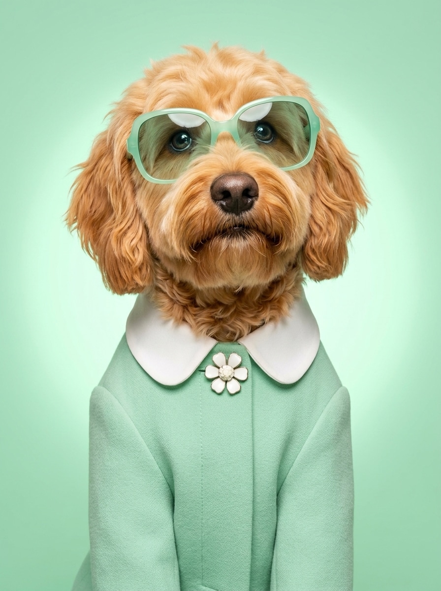 Goldendoodle wearing mint green glasses and a matching coat with a white peter pan collar and flower brooch against a pastel green background.