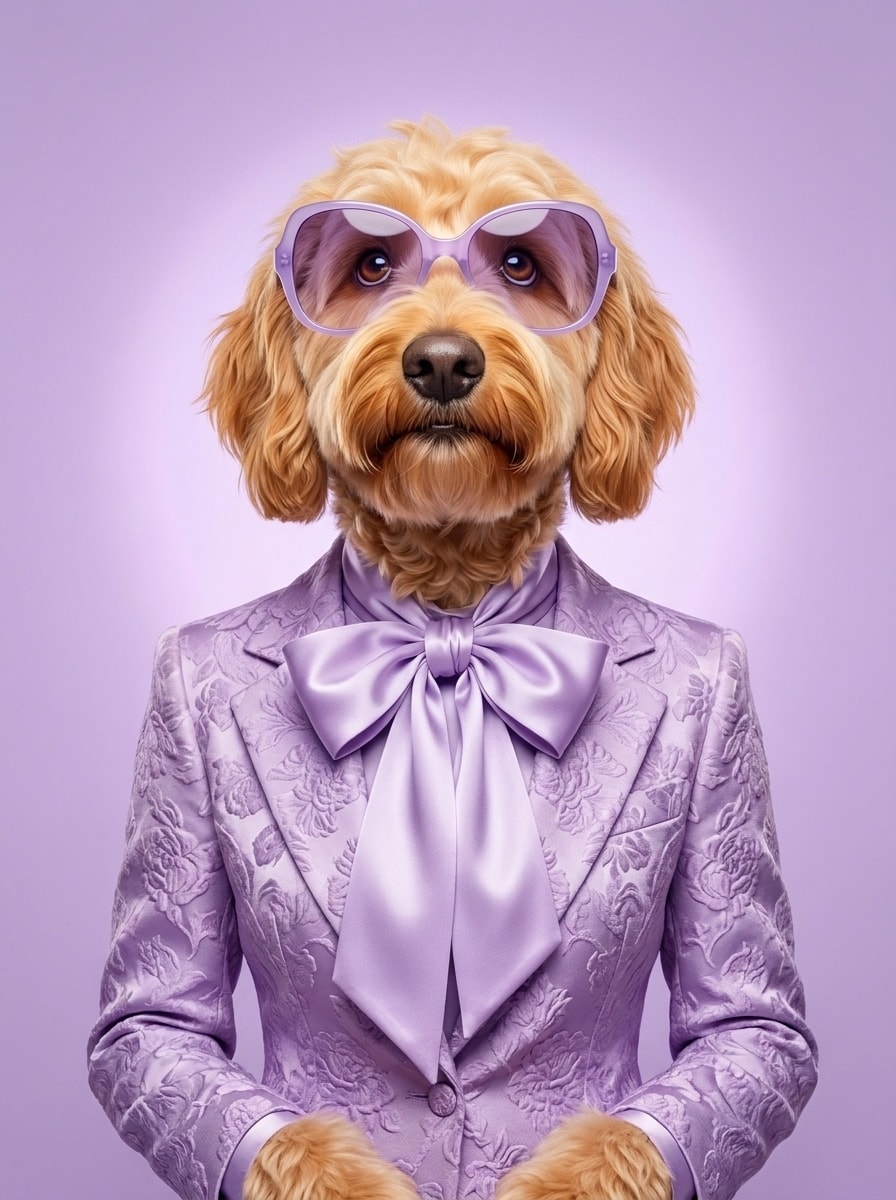 Goldendoodle in a lavender floral blazer and satin pussybow, wearing purple glasses against a pastel purple backdrop.