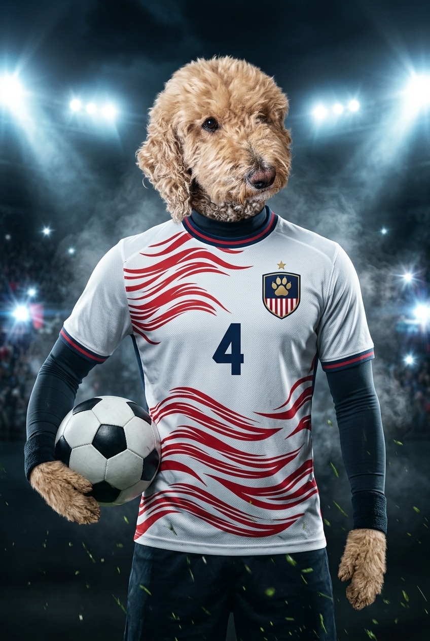 A Goldendoodle in a white and red soccer kit holding a ball under bright stadium lights during a soccer match.