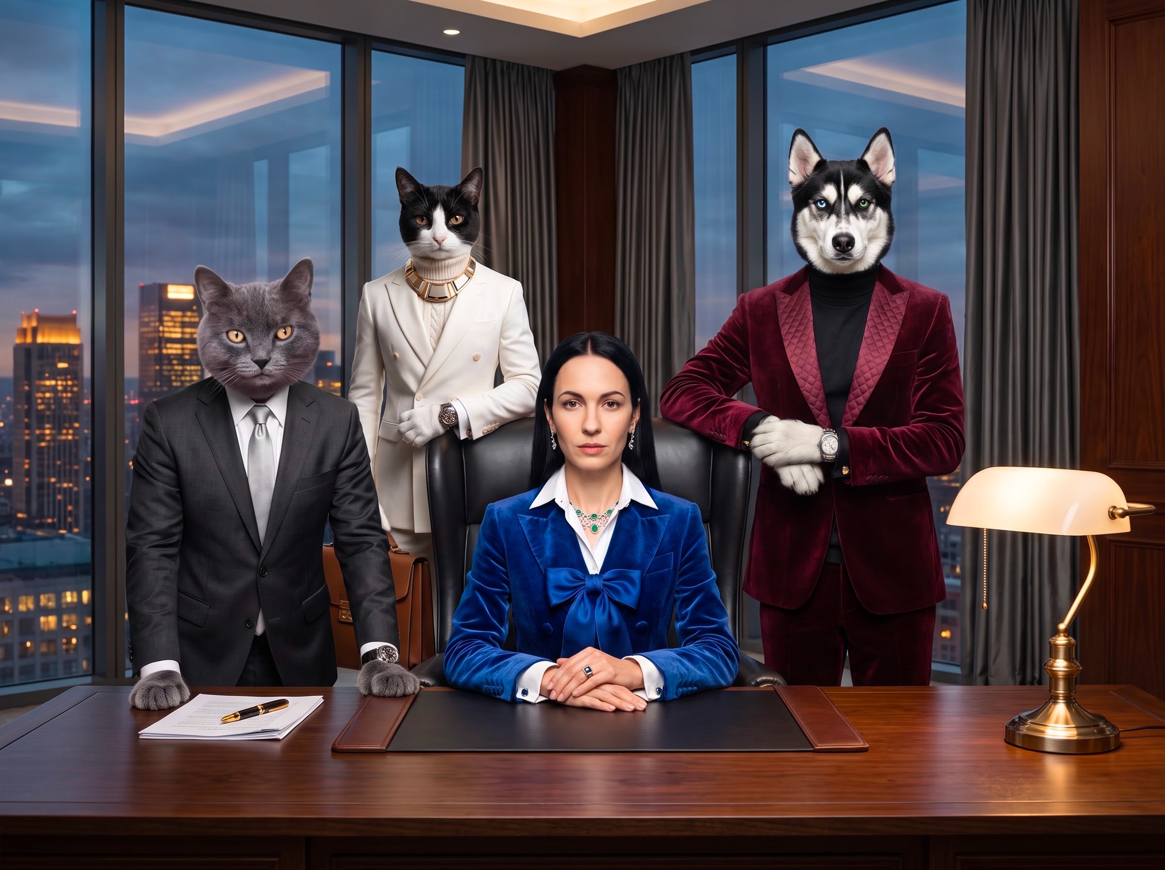 A Siberian Husky, British Shorthair, and Domestic Shorthair flank their human companion in an executive corporate boardroom, styled in bespoke tailored suits.
