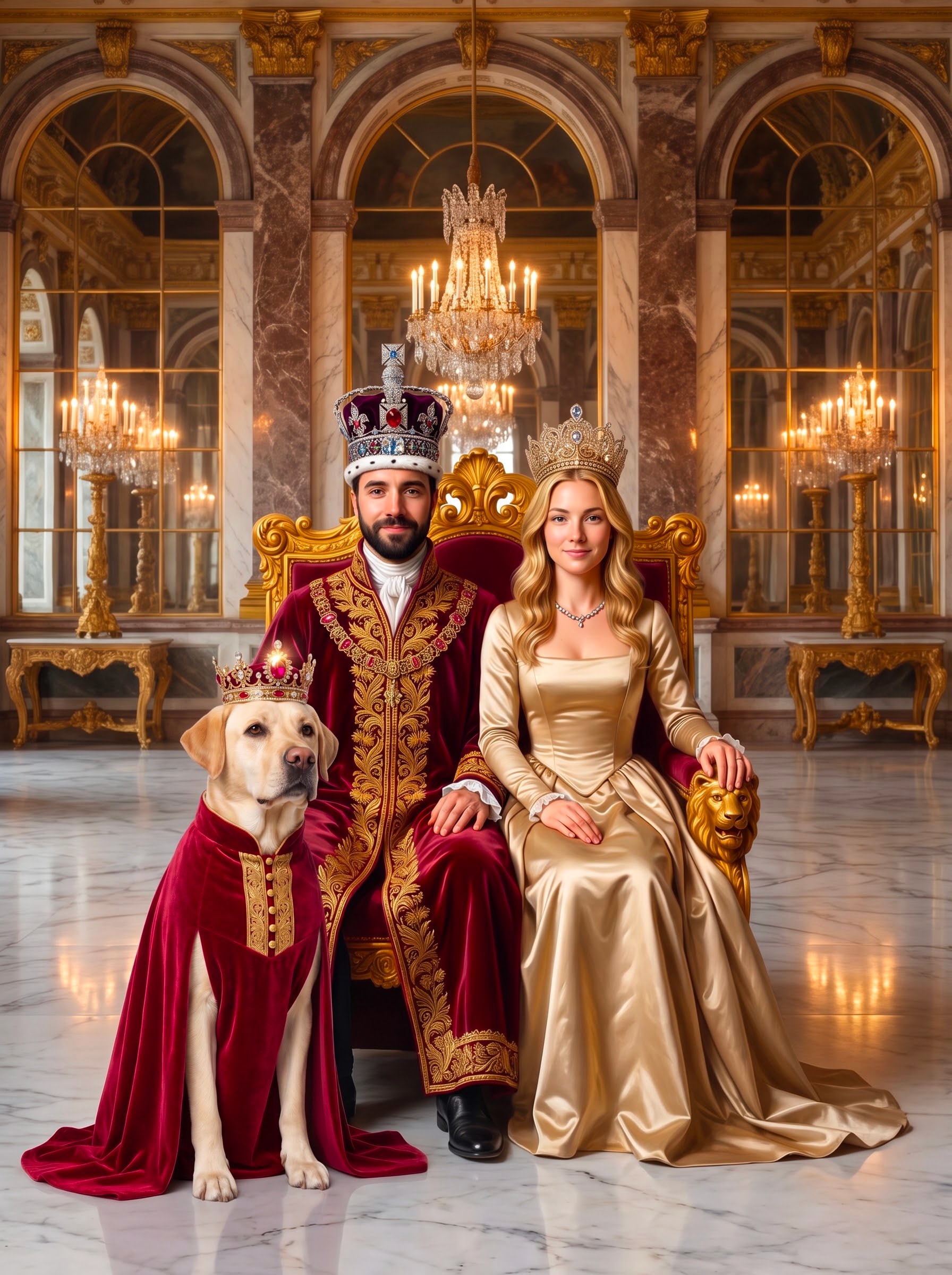 A regal yellow Labrador Retriever in a velvet cloak and crown poses alongside their human companions in an opulent baroque palace hall.