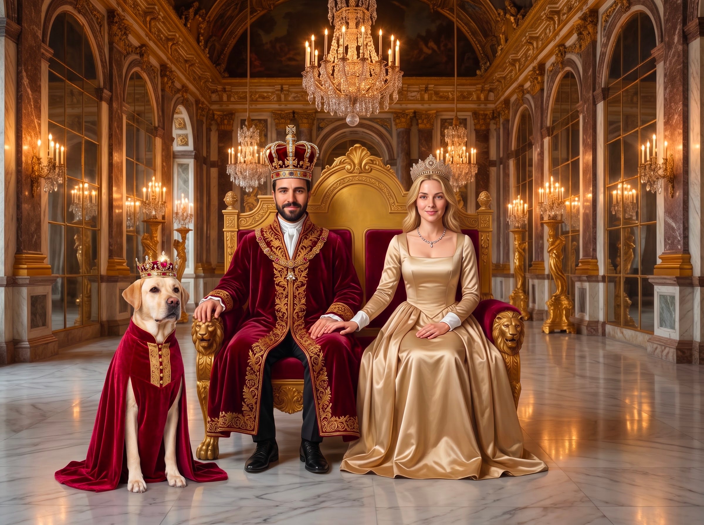 A regal Labrador Retriever in a velvet cape sits alongside their human companions on gilded palace thrones in this Royal Monarch multi-pet portrait scene.