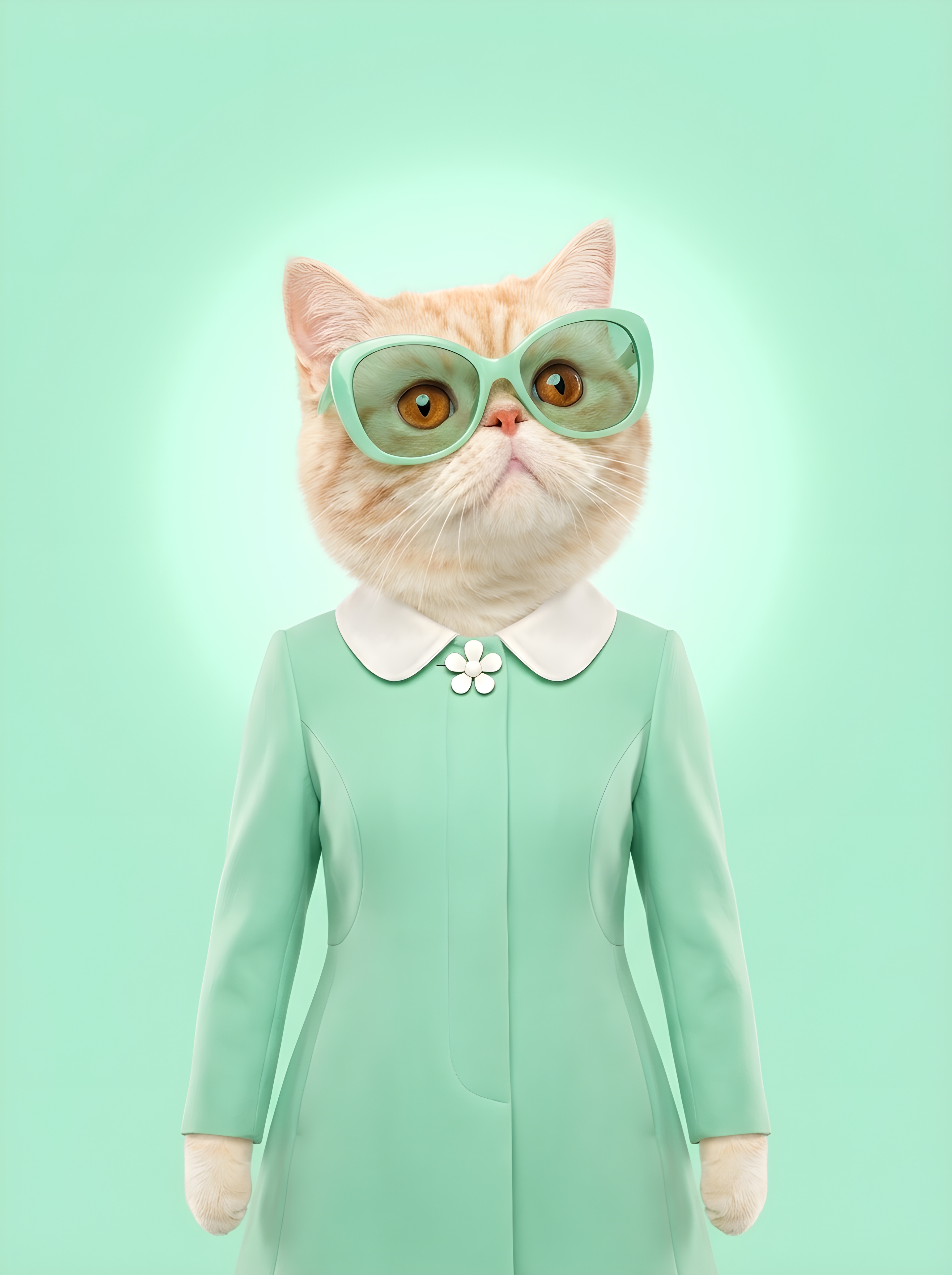 Orange Tabby cat wearing mint green retro glasses and a matching coat with a white Peter Pan collar against a soft pastel green backdrop.