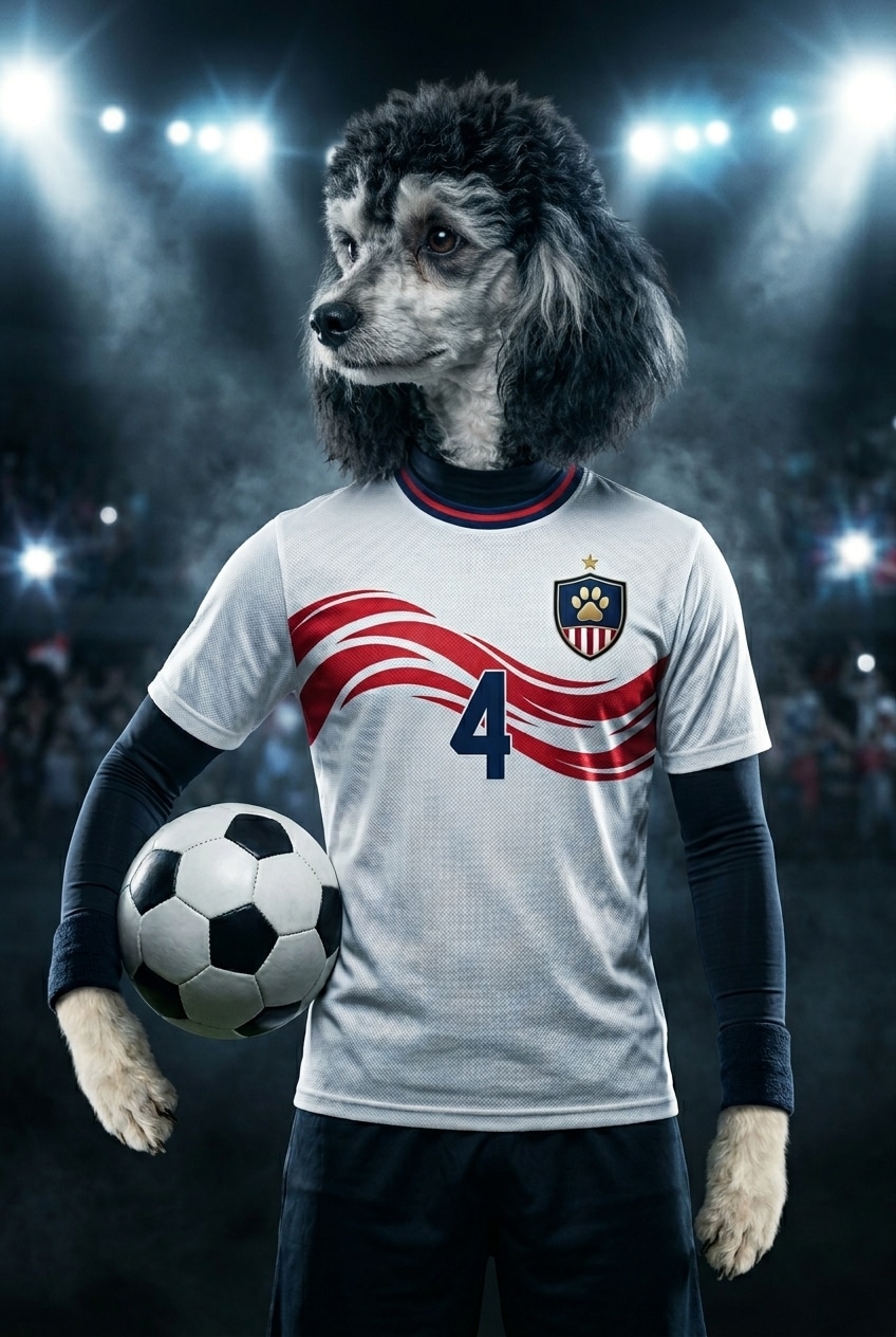Poodle wearing a white and red soccer jersey with a number four, holding a soccer ball in a smoky stadium with bright lights.