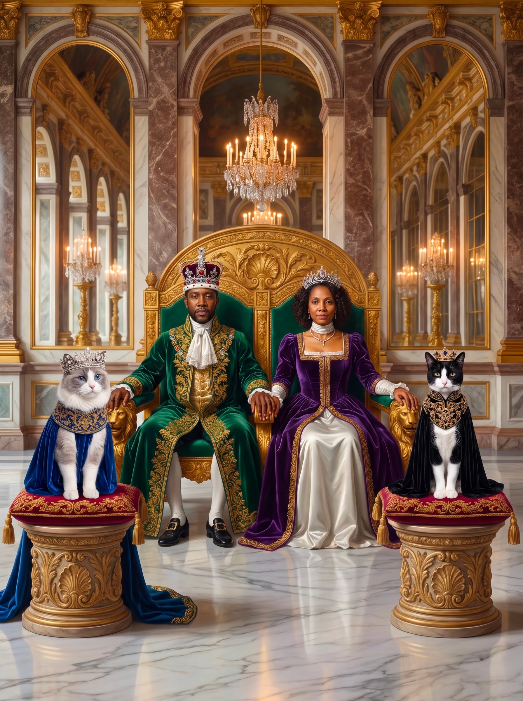 A Ragdoll cat and a tuxedo Domestic Shorthair cat perched on ornate pedestals beside their human companions enthroned in an opulent royal palace hall.