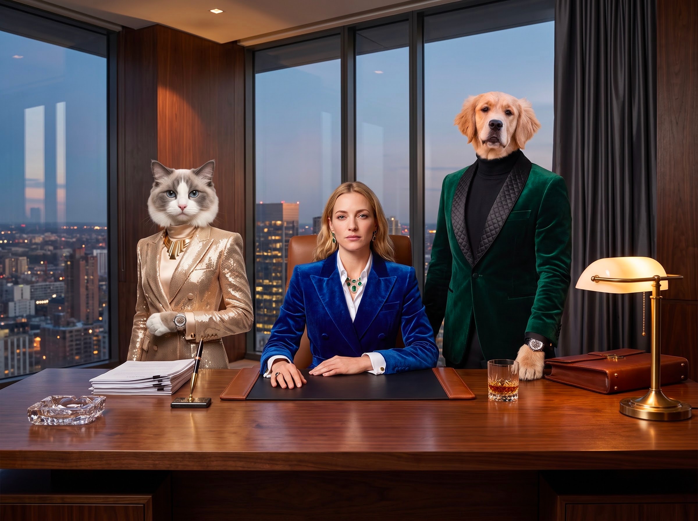 A Ragdoll cat in a gold suit and a Golden Retriever in green velvet flank their human companion at a high-rise executive desk overlooking twilight city towers.