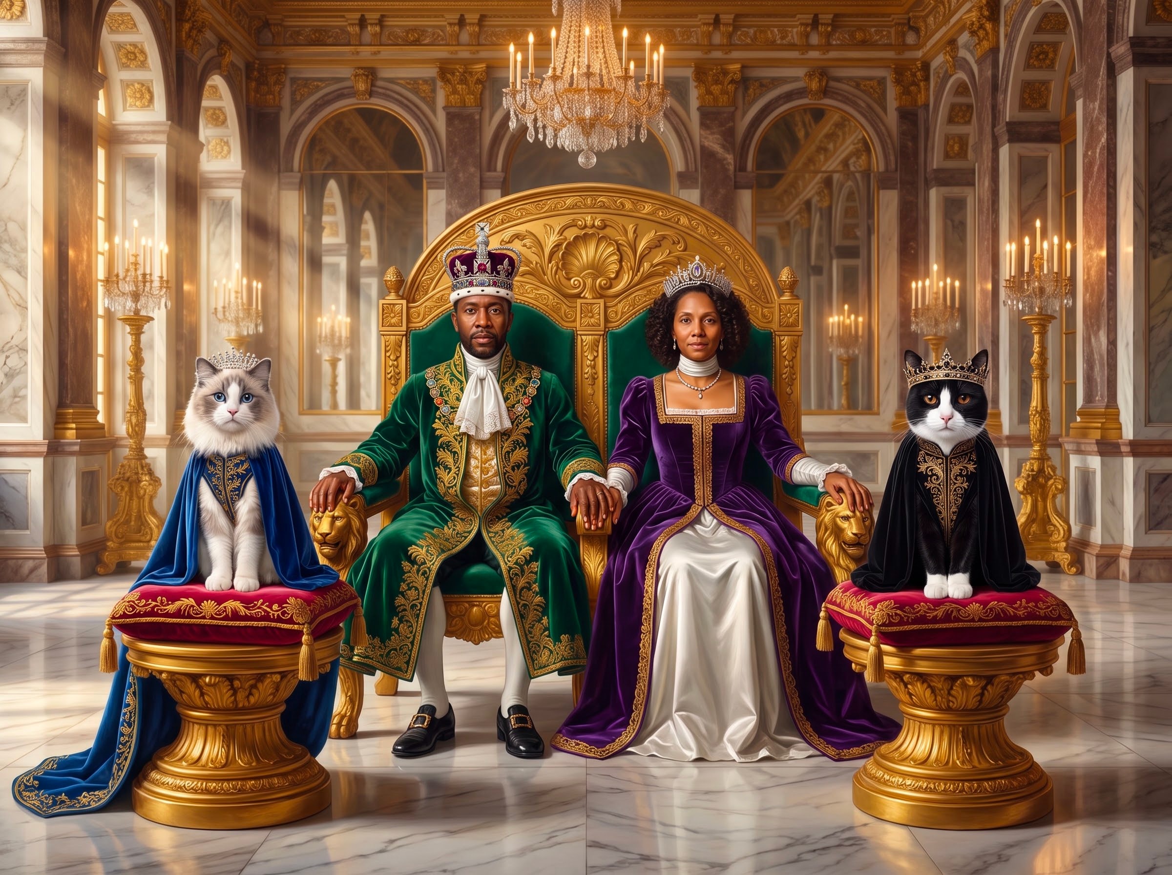 A crowned Ragdoll and Domestic Shorthair cat sit on gilded velvet thrones beside their human companions in an opulent royal palace setting.