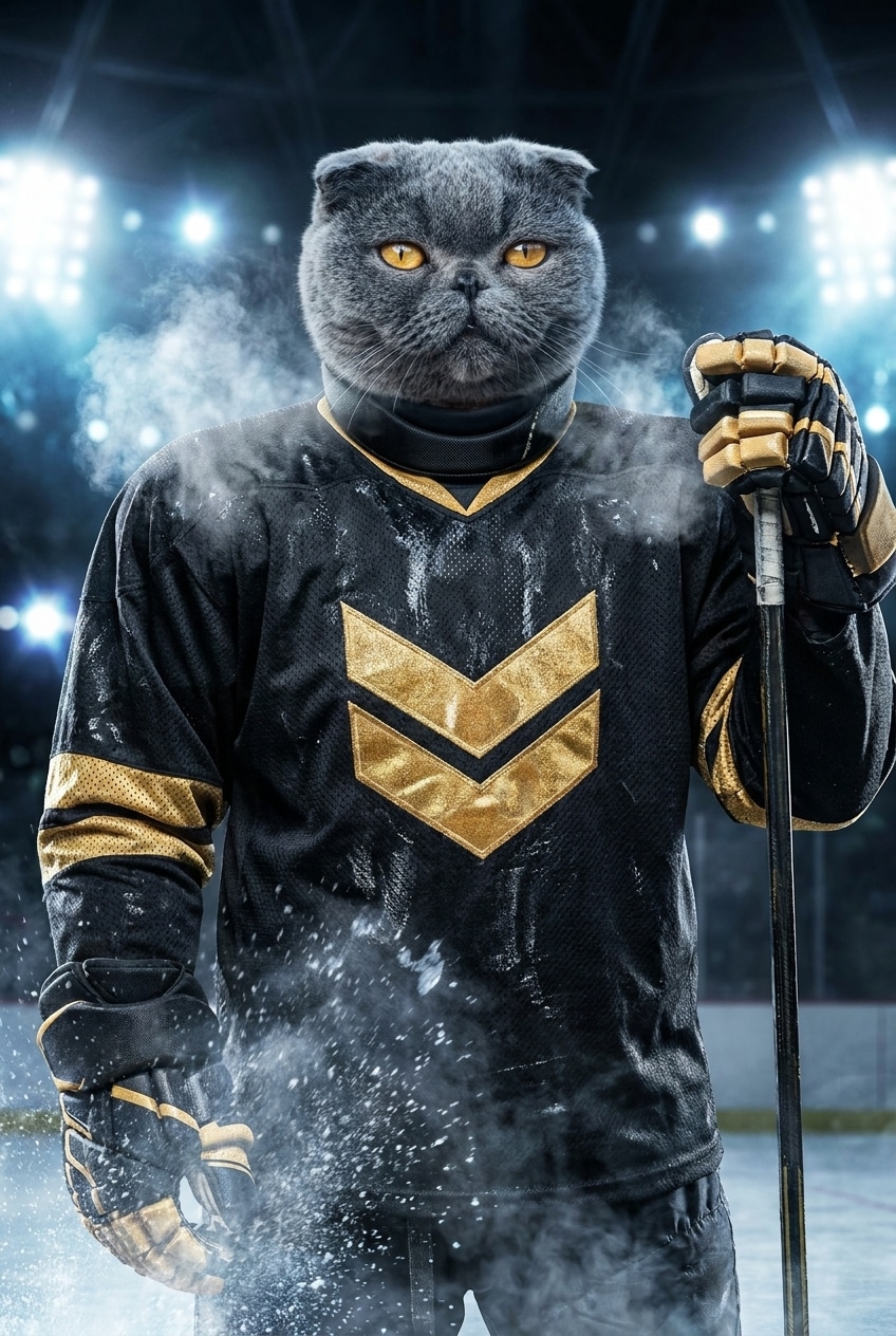 Scottish Fold cat in a black and gold hockey jersey holding a stick on a foggy ice rink under bright arena spotlights.