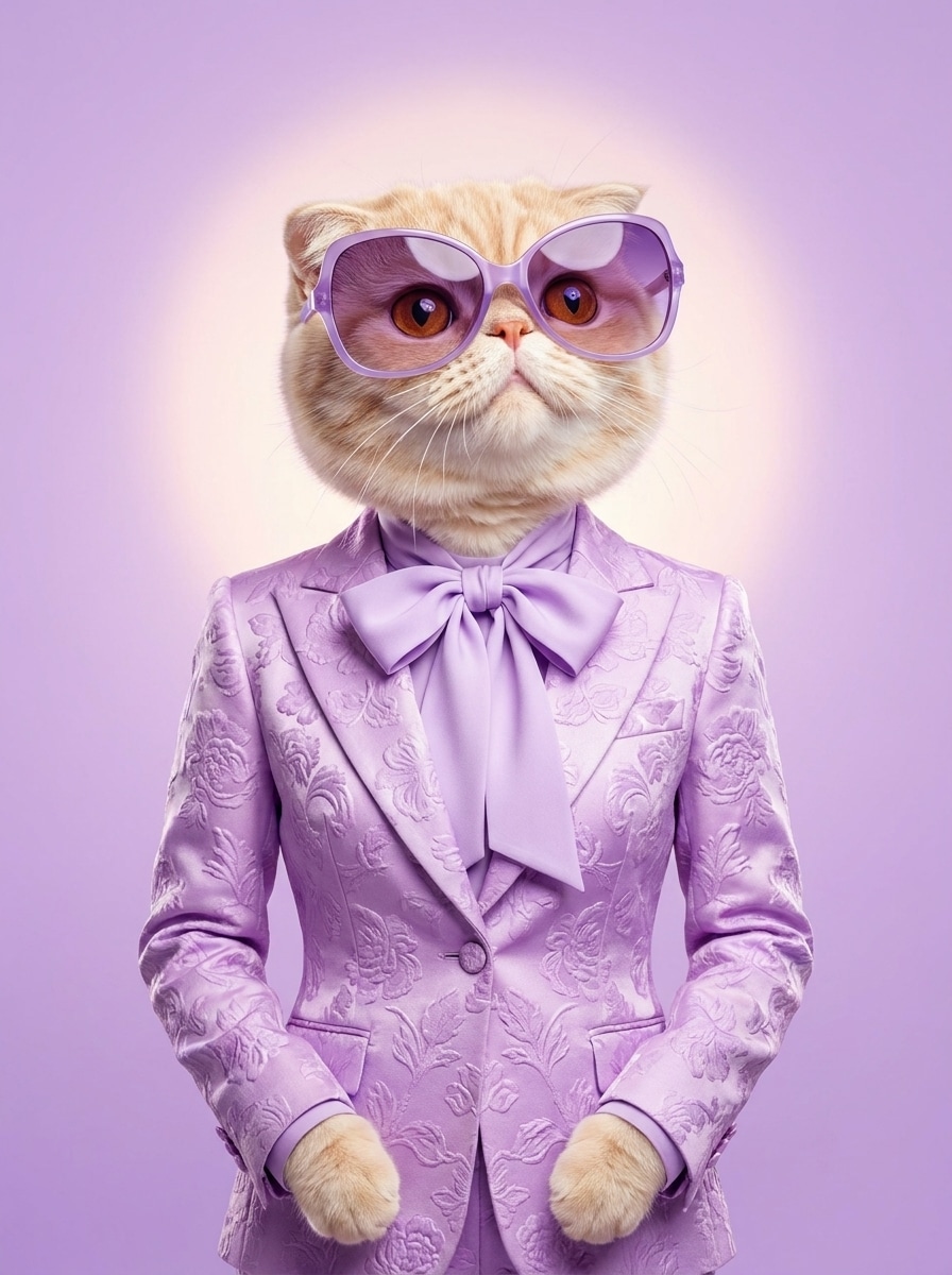 Scottish Fold cat wearing oversized purple sunglasses and a lavender floral suit with a large pussybow against a soft purple background.