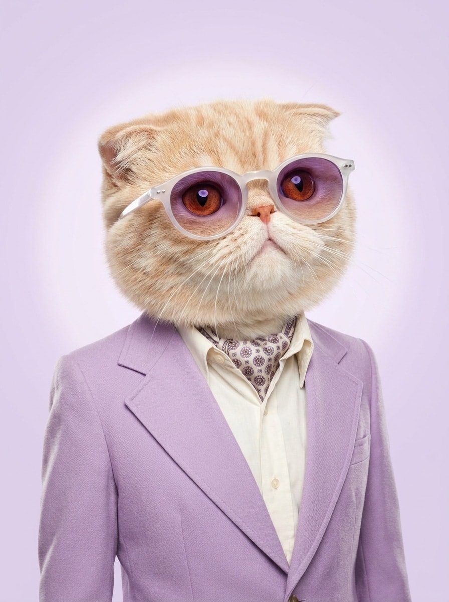 Scottish Fold wearing purple tinted glasses and a lavender blazer against a soft lilac background.