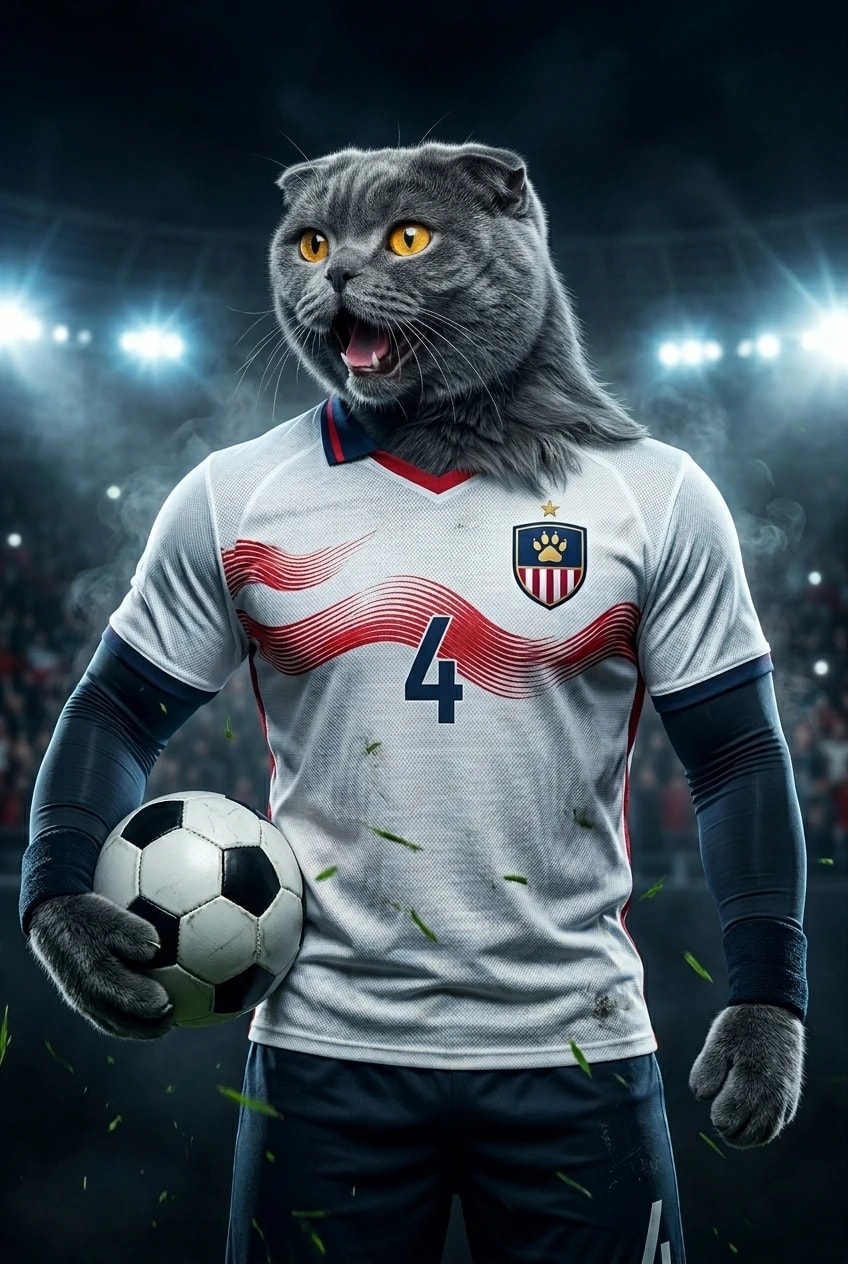 Scottish Fold in a white and red soccer kit holding a ball under stadium lights, celebrating a victory on the global pitch.