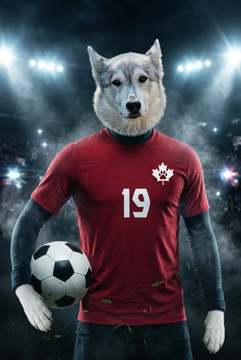 Siberian Husky wearing a red soccer jersey with a paw-print maple leaf, holding a soccer ball in a foggy stadium under bright lights.