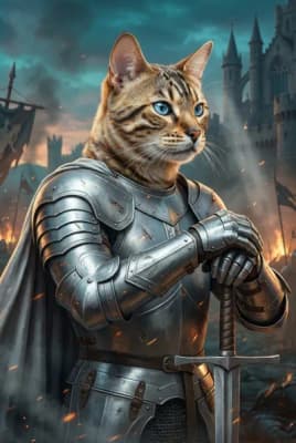 The Scored Steel Sentinel - Bengal Knight Portrait | Fabled Paws