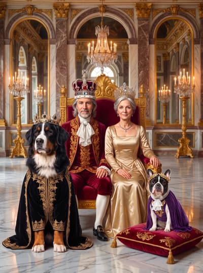 A Bernese Mountain Dog and a French Bulldog join their human companions in an opulent palace throne room dressed in velvet royal monarch attire.