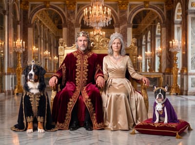 A regal Bernese Mountain Dog in a black cape and a French Bulldog on a velvet cushion flank their human companions on a golden throne in a palace hall.