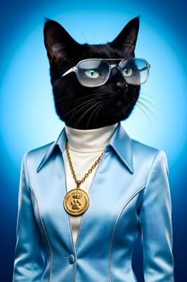 The Cobalt Medallion Mogul - black cat Pop Art Portrait | Fabled Paws
