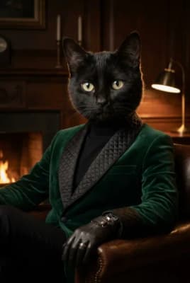 The Emerald Quilted Visionary - Black Cat Executive Portrait | Fabled Paws