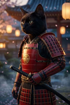 The Vermilion Dusk Ronin - Black Cat Samurai Portrait | Fabled Paws