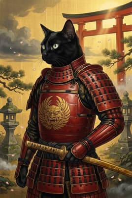 The Ruby Dragon Ronin - Black Cat Samurai Portrait | Fabled Paws