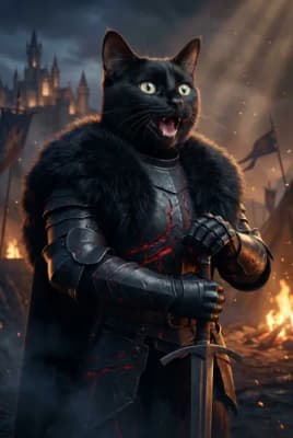 The Onyx Ember Vanguard - Black Cat Knight Portrait | Fabled Paws