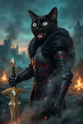 The Magma-Forged Sentinel - Black Cat Knight Portrait | Fabled Paws