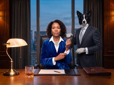 A Border Collie in a tailored charcoal suit stands beside their human companion in a royal blue velvet blazer within an executive high-rise office.