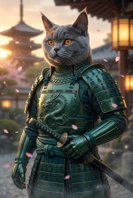 The Emerald Dragon Shogun - British Shorthair Warrior Portrait | Fabled Paws