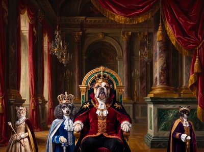 An English Bulldog king on a throne, flanked by a Poodle courtier, a crowned Snow Bengal cat, and a regal Domestic Shorthair cat in an opulent royal palace.