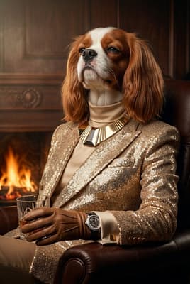 The Amber Sequin Tycoon - Cavalier King Charles Executive Canvas | Fabled Paws
