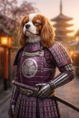 The Amethyst Armor Guardian - Cavalier King Charles Samurai Portrait | Fabled Paws