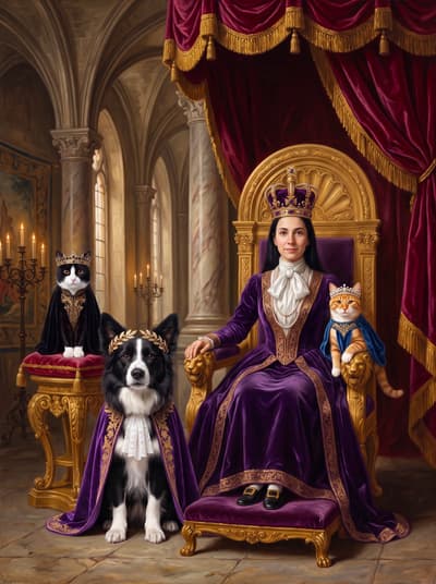 Collie & Cat Royal Monarch Multi-Pet Portrait Art Ideas | Fabled Paws