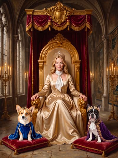 Corgi & Frenchie Royal Monarch Multi-Pet Portrait Art Ideas | Fabled Paws