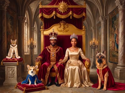 Corgi, Shepherd & Bengal Royal Monarch Multi-Pet Portrait Art Ideas | Fabled Paws