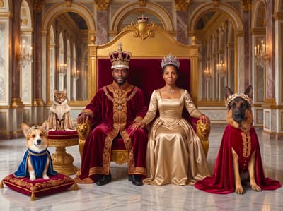A Pembroke Welsh Corgi, German Shepherd, and Bengal cat in regal cloaks join their human companions in an ornate royal palace throne room.