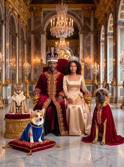 A Pembroke Welsh Corgi, German Shepherd, and Bengal cat in regal robes pose with their human companions in an opulent gilded throne room.
